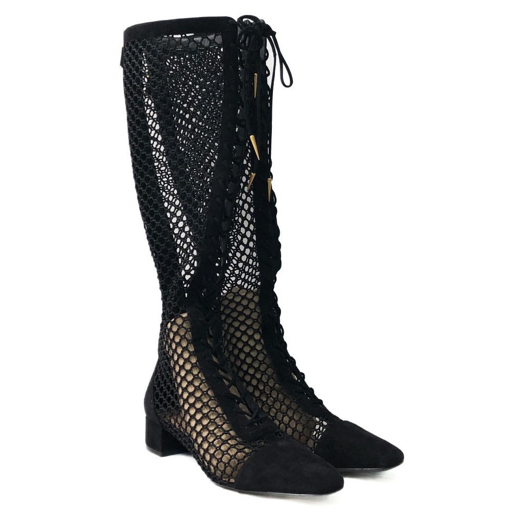 Dior Naughtily D Runway 2018 Mesh Suede Lace-Up Knee-High Boots Black 37.5 - Picture 5 of 9
